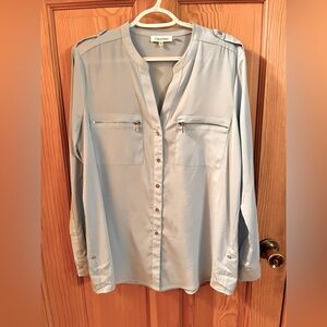 Calvin Klein Light Blue Women Shirt SZ M Silver Buttons Zippers Snap Minimalist